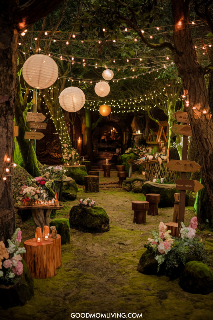 Enchanting outdoor wedding venue decorated with string lights and paper lanterns, featuring wooden seating, flower arrangements, and moss-covered paths surrounded by trees. Ideal for romantic ceremonies and nature-inspired celebrations.