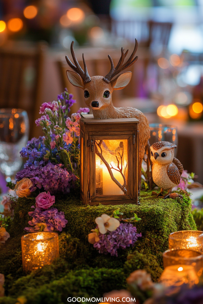 A beautifully arranged table centerpiece featuring a decorative deer figurine and an owl beside a lantern, surrounded by vibrant flowers and greenery, creating a whimsical and enchanting atmosphere for an event.