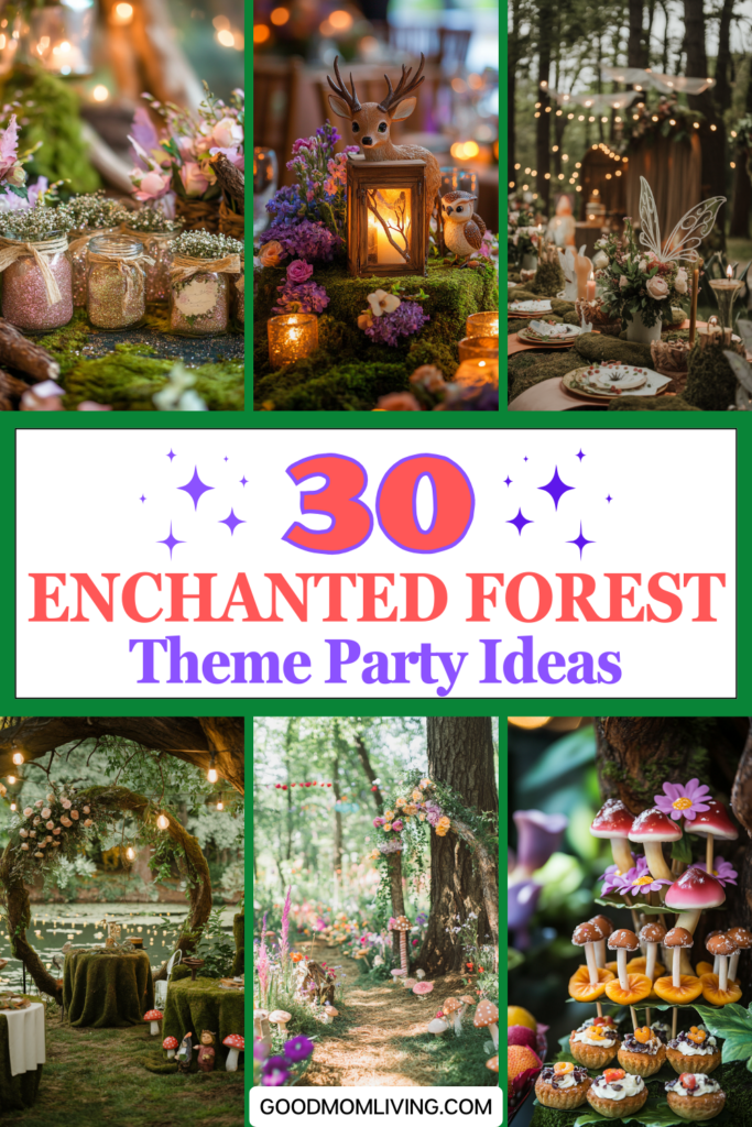A beautifully decorated enchanted forest party scene featuring whimsical elements like jars of glitter, floral arrangements, a deer figurine, and glowing lanterns. The image showcases various enchanting setups, including a dessert table with mushroom-themed treats, floral arches, and twinkling lights, perfect for inspiring themed party ideas.