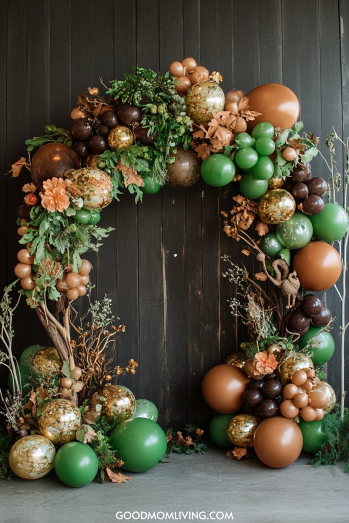 Autumn-themed balloon arch decorated with green, brown, and gold balloons, complemented by florals and greenery, set against a dark wooden backdrop. Perfect for fall events and celebrations.