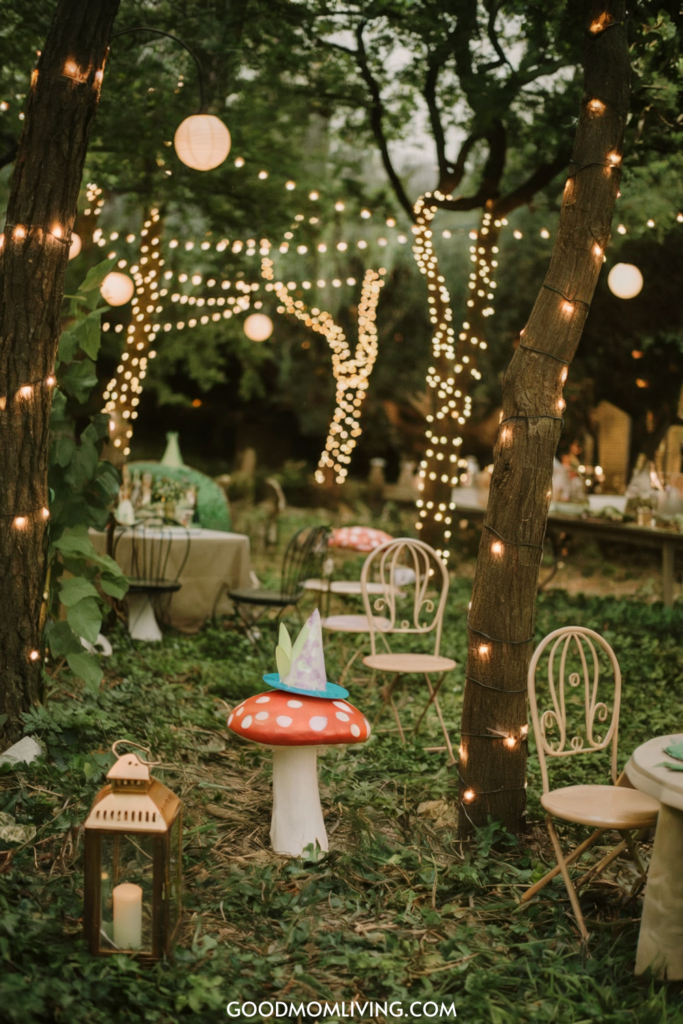 Whimsical outdoor party setting featuring a colorful mushroom stool with a party hat, surrounded by twinkling fairy lights and lanterns, creating a magical ambiance among trees and greenery.