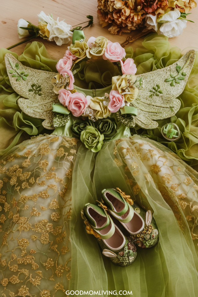 A whimsical fairy costume featuring a green and gold dress with intricate floral designs, accompanied by a floral crown and decorative green shoes, perfect for children's dress-up or themed parties.