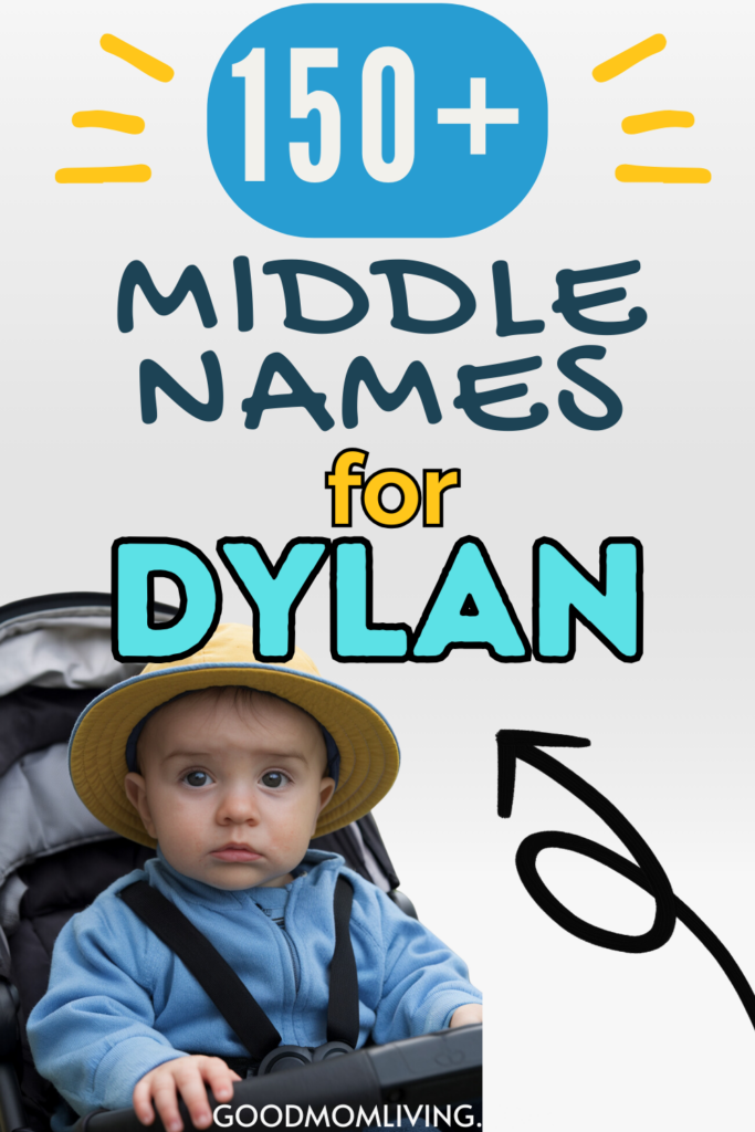 Infant boy in a stroller wearing a blue jacket and yellow hat, with text overlay about 150+ middle names for Dylan, promoting name ideas for parents.