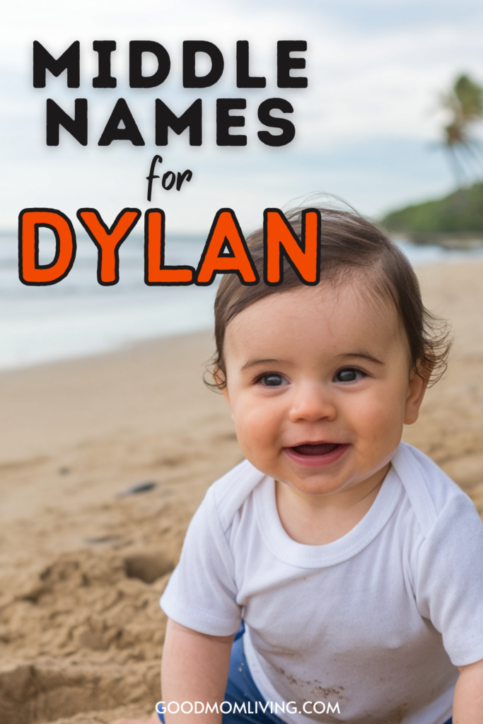 Happy baby on the beach wearing a white shirt, smiling at the camera with the text "Middle Names for Dylan" overlayed, perfect for a parenting or baby name blog.