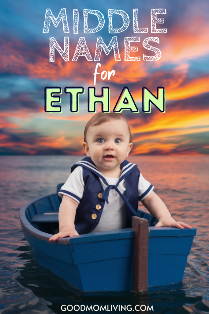 Baby boy in a blue boat wearing a sailor outfit with a sunset background, featured in an article about middle names for Ethan.