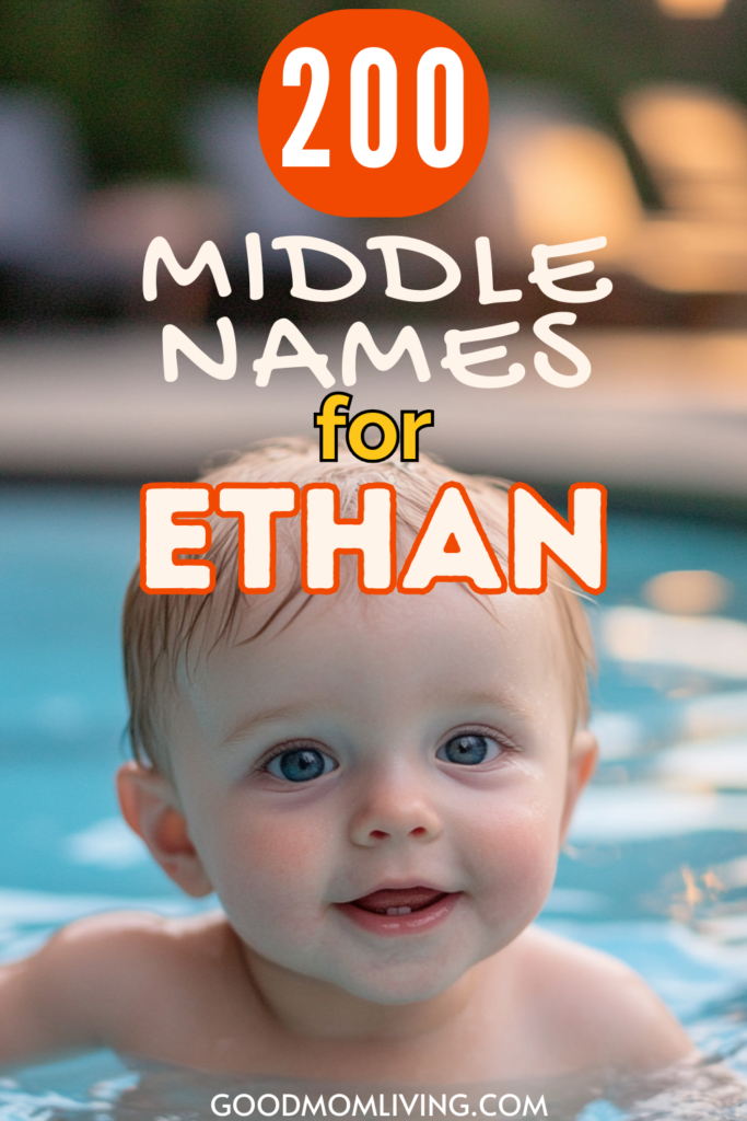 Baby smiling in a pool, with text overlay "200 Middle Names for Ethan," promoting name ideas for parents.