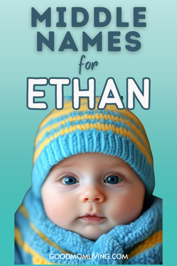Infant boy wearing a blue and yellow striped hat and scarf, with large blue eyes, featured in an article about middle names for Ethan.