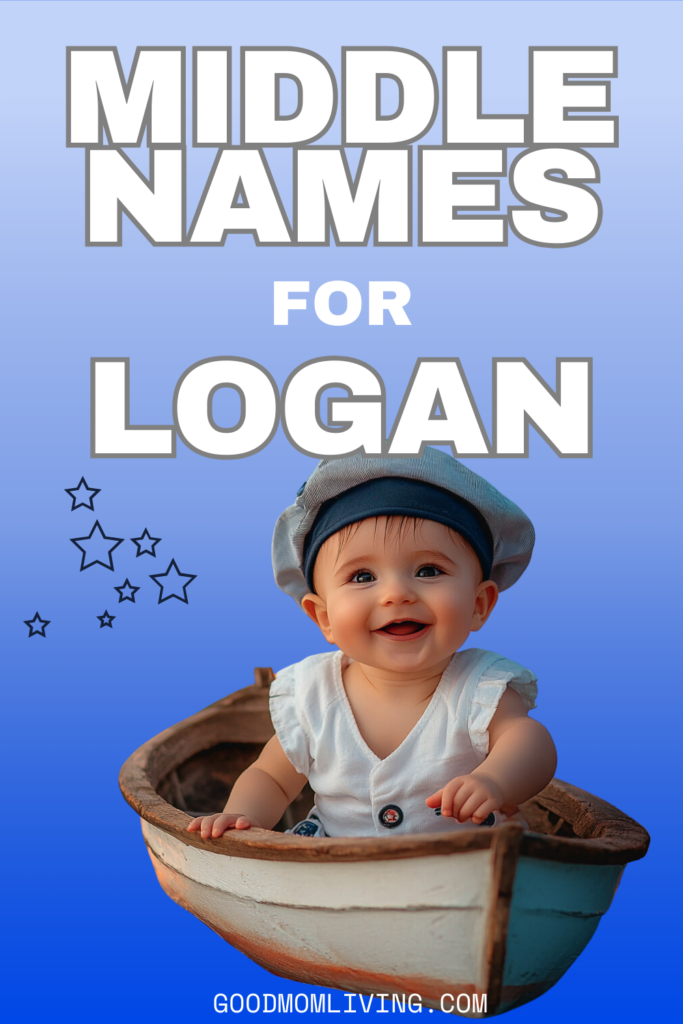 Smiling baby in a boat wearing a sailor hat, with text overlay about middle names for Logan, set against a blue gradient background with stars.