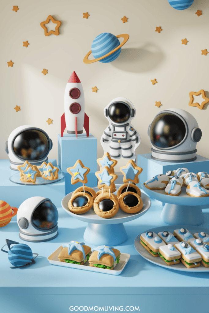 A colorful space-themed dessert table featuring astronaut and rocket-shaped cookies, star-shaped treats, and decorative space-themed elements.