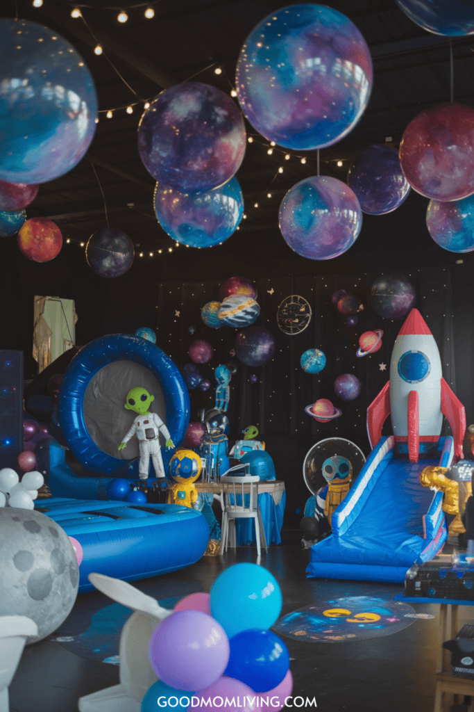 Colorful space-themed party setup featuring inflatable alien characters, a rocket slide, and hanging planets. The decor includes twinkling lights and various space-themed elements, creating a festive atmosphere for children's celebrations.