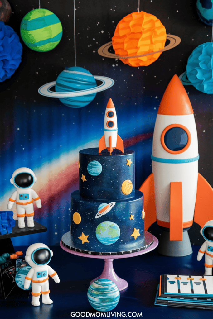 Colorful space-themed birthday cake decorated with planets and stars, featuring a rocket on top, surrounded by astronaut figurines and vibrant hanging planets. Ideal for a space-themed party or celebration.
