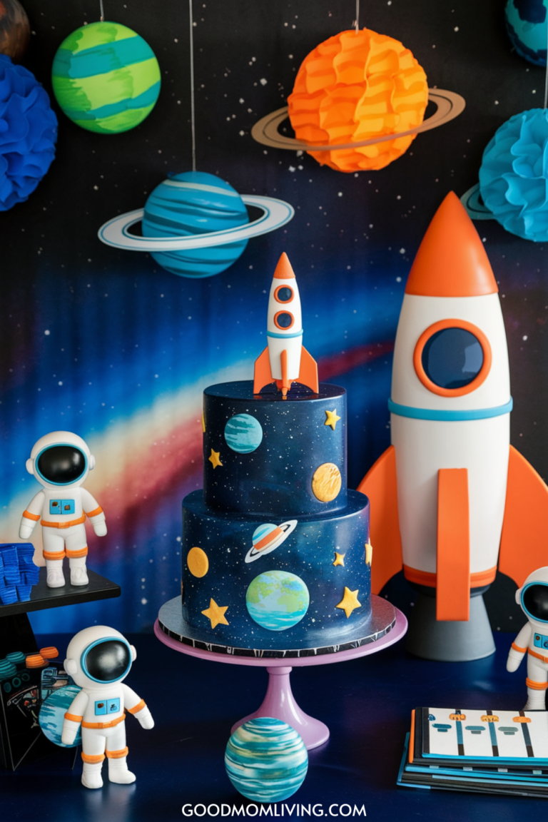 Colorful space-themed birthday cake decorated with planets and stars, featuring a rocket on top, surrounded by astronaut figurines and vibrant hanging planets. Ideal for a space-themed party or celebration.