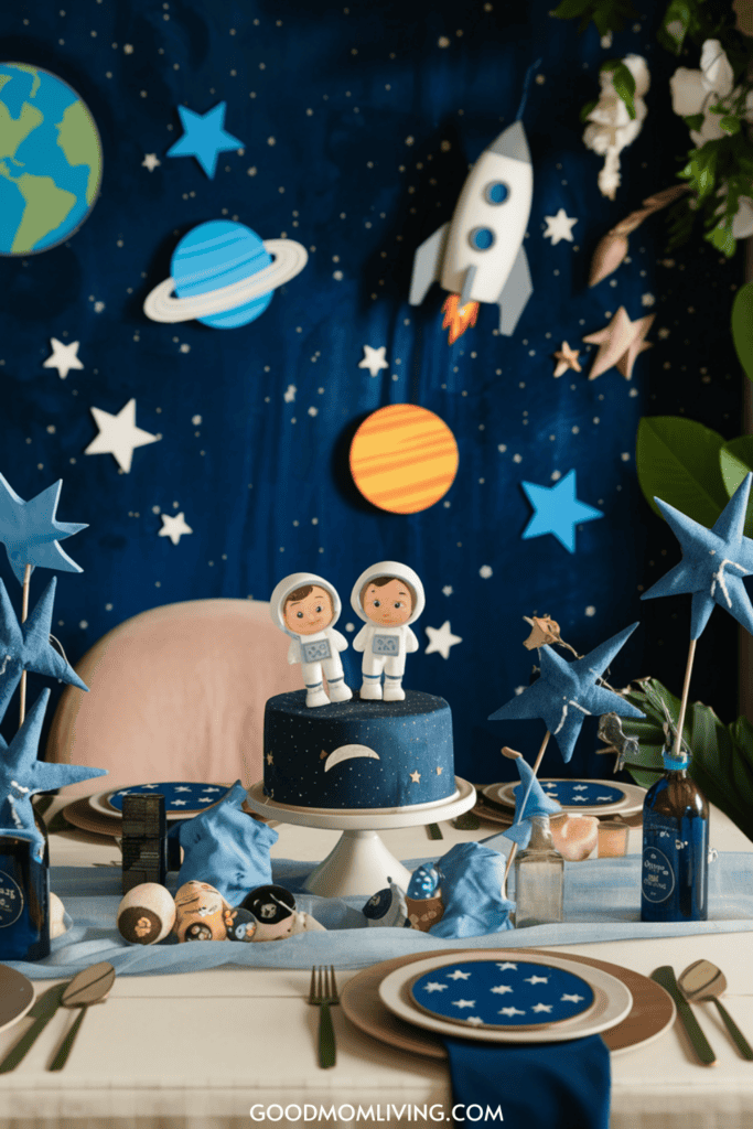 A whimsical space-themed birthday party setup featuring a blue cake adorned with two astronaut figurines, surrounded by star-shaped decorations, planets, and a rocket backdrop. The table is elegantly arranged with star-patterned plates, blue napkins, and playful space-themed accents, creating a festive atmosphere for children.
