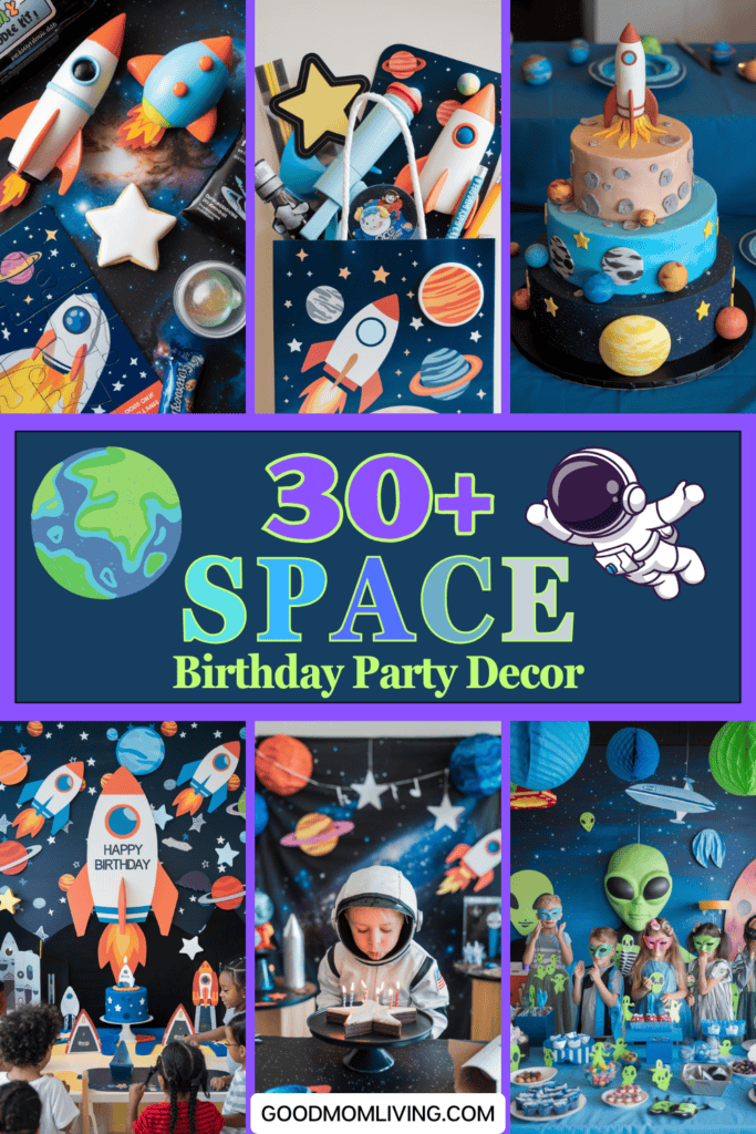 Colorful space-themed birthday party decor featuring rockets, planets, and astronaut elements. The image showcases a birthday cake, party favors, and children celebrating with themed decorations, highlighting over 30 creative ideas for a memorable space party. Perfect for planning an out-of-this-world birthday celebration.