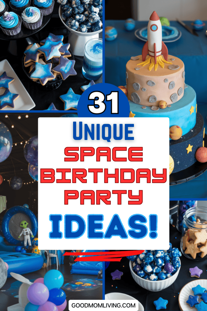 Colorful space-themed birthday party setup featuring unique desserts like star-shaped cookies, cupcakes, and a rocket-themed cake, along with festive decorations and playful elements, ideal for inspiring creative party ideas.