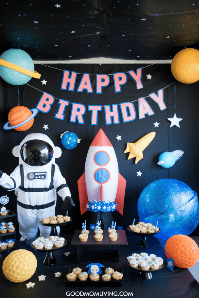 Astronaut-themed birthday party setup featuring a colorful rocket, planet decorations, and cupcakes on a table, with a "Happy Birthday" banner in a festive backdrop.