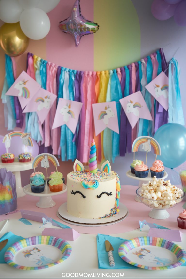 Colorful unicorn-themed birthday party setup featuring a whimsical cake with a unicorn design, rainbow cupcakes, and festive decorations including banners and balloons.