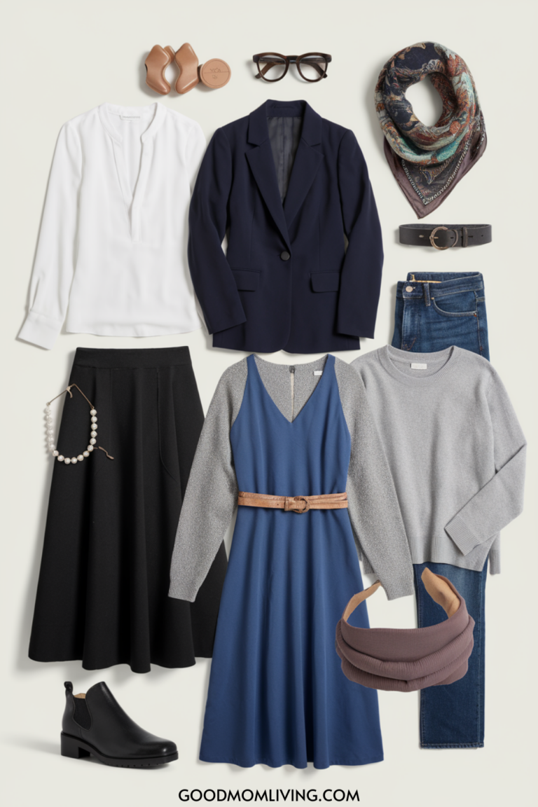 A collection of fashionable women's clothing featuring a white blouse, navy blazer, black skirt, blue dress with a belt, gray sweater, and accessories including a patterned scarf and a brown belt, arranged neatly for a stylish outfit inspiration.