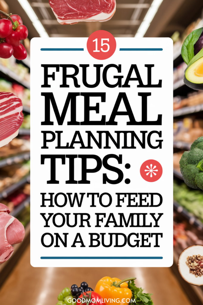 Frugal meal planning tips graphic featuring fresh produce and meats, highlighting strategies for feeding a family on a budget.