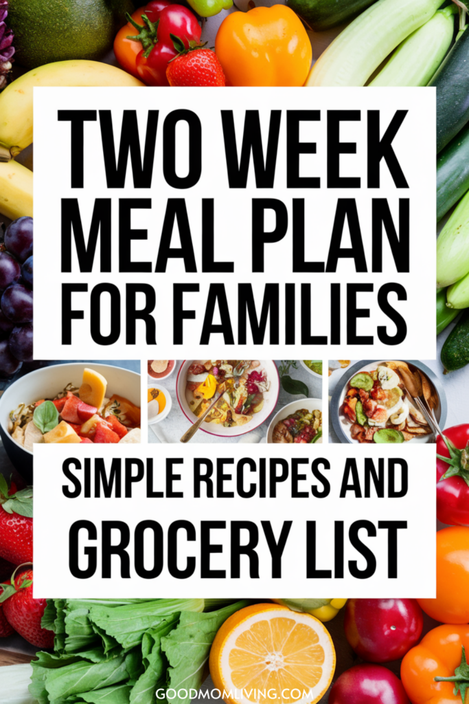 Colorful assortment of fresh fruits and vegetables surrounding a central graphic promoting a two-week meal plan for families, featuring simple recipes and a grocery list for easy meal preparation.