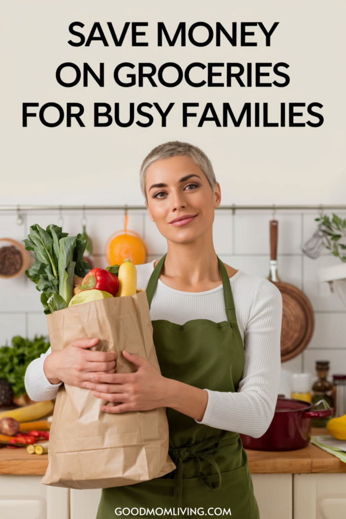 Woman holding a grocery bag filled with fresh fruits and vegetables in a kitchen, promoting tips for saving money on groceries for busy families.