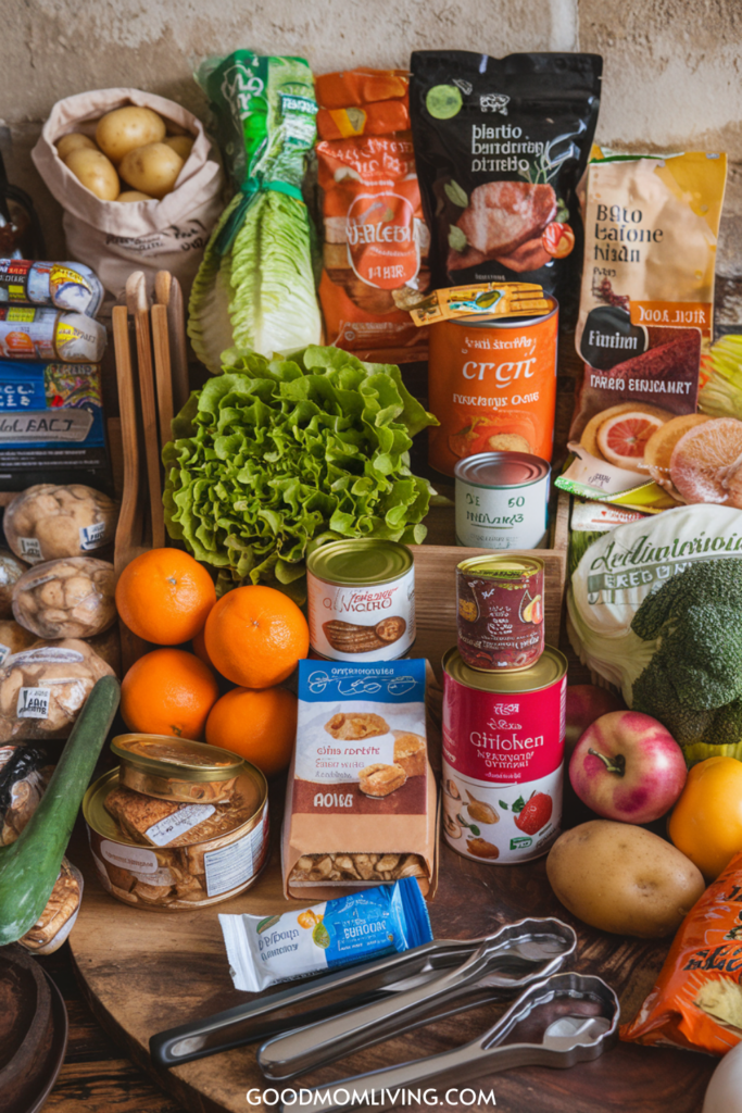 Colorful assortment of fresh groceries including lettuce, oranges, potatoes, broccoli, canned foods, and snacks displayed on a wooden table, emphasizing healthy eating and meal preparation.