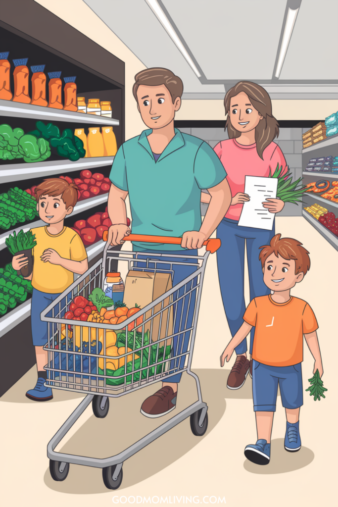 A family of four shopping in a grocery store, with a father pushing a cart filled with fresh produce, fruits, and groceries. The mother holds a shopping list while their two young sons explore the aisles, one holding vegetables. The scene captures a vibrant and engaging shopping experience.