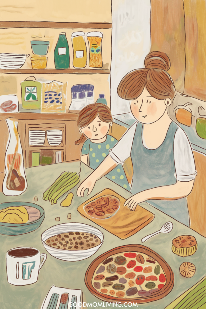 A mother and daughter are preparing food together in a cozy kitchen, surrounded by various ingredients and dishes including vegetables, bowls of food, and a cup of coffee. The scene emphasizes family bonding through cooking and healthy meal preparation.