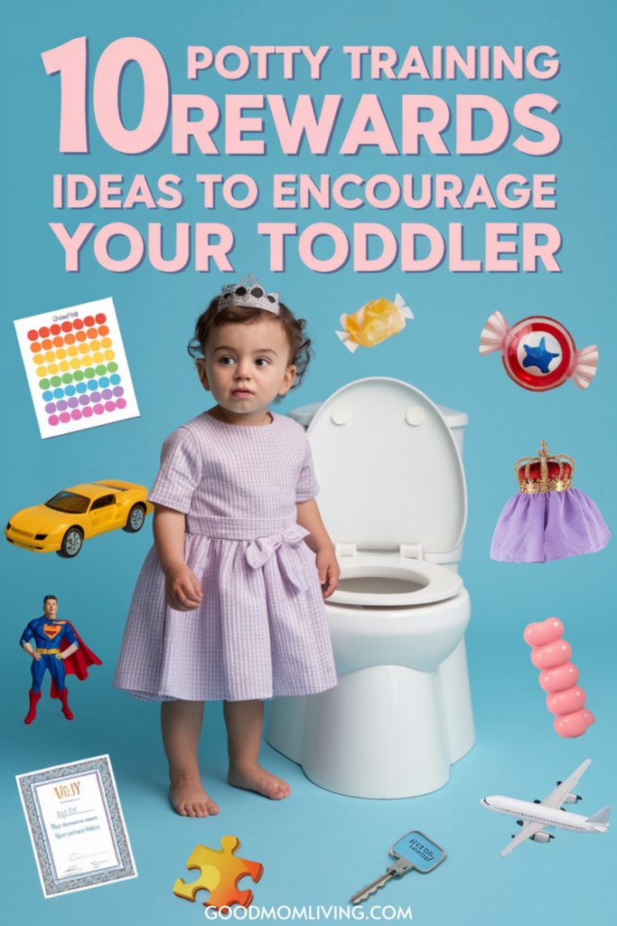 Image of a toddler standing beside a toilet, showcasing ten potty training reward ideas. The child wears a purple dress and a tiara, surrounded by colorful toys, candy, and a reward chart. Text overlay reads "10 Potty Training Rewards Ideas to Encourage Your Toddler."