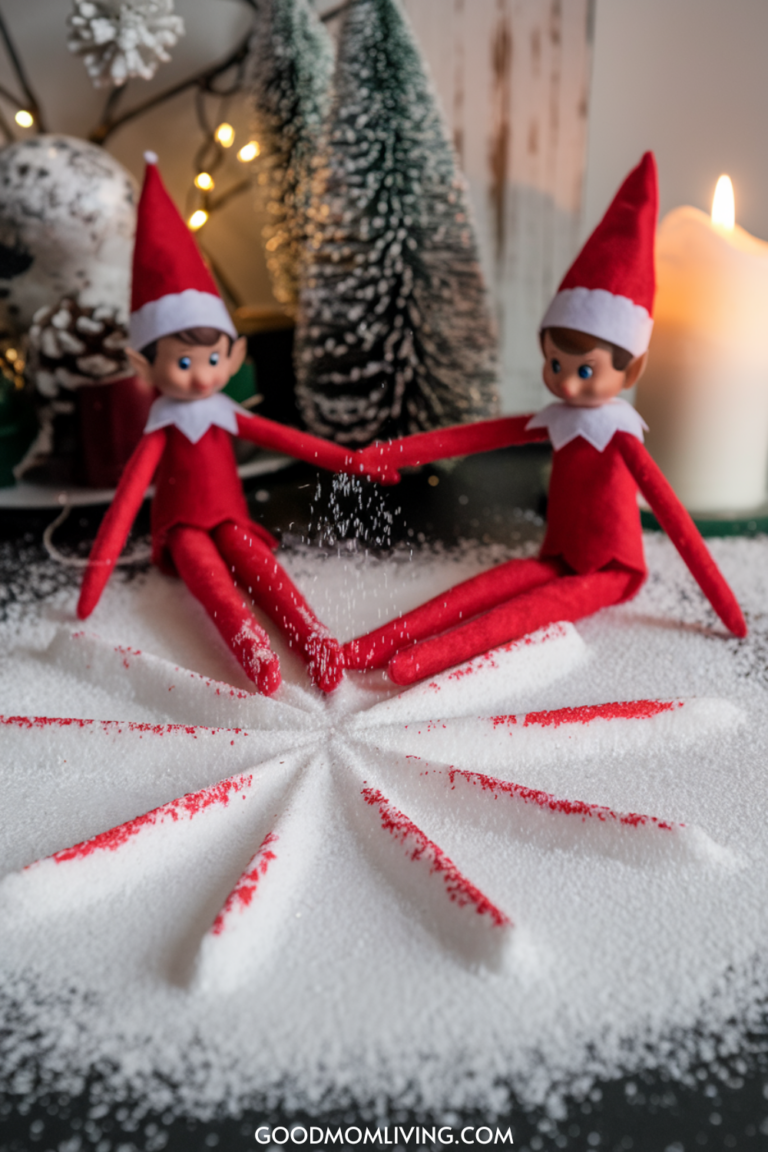 Two festive elf dolls sitting in a circle of white and red sugar, creating a holiday-themed decoration. The background features Christmas trees, fairy lights, and a candle, enhancing the cozy atmosphere.