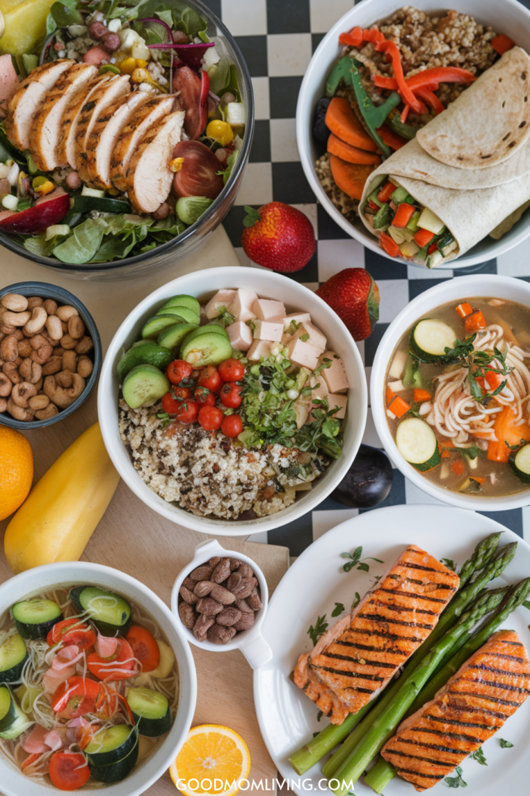A colorful assortment of healthy meals featuring grilled chicken salad, quinoa with vegetables, salmon with asparagus, and a variety of fresh fruits and nuts, arranged on a checkered tablecloth. Perfect for nutritious meal planning and balanced eating.
