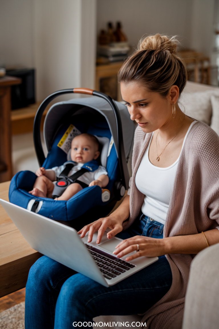 A mother working on a laptop at home while her baby sits in a car seat nearby, showcasing a modern, multitasking parenting lifestyle.