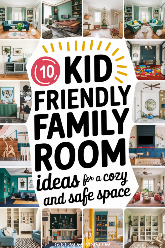 Collage of kid-friendly family room designs featuring cozy and safe spaces, showcasing various styles and layouts ideal for families. Includes images of colorful furniture, playful decor, and practical storage solutions to create inviting environments for children.