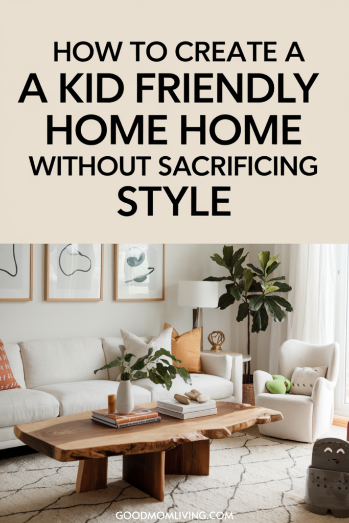 Living room designed for families with children, featuring a stylish sofa, wooden coffee table, and decorative plants. The decor balances kid-friendly elements with modern aesthetics, showcasing how to create a functional yet stylish home environment.