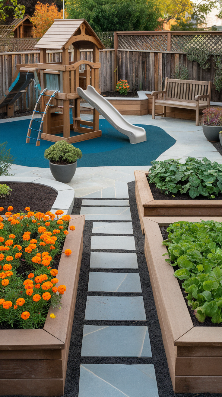 A beautiful backyard with a wooden playground, slide, and vibrant flower beds.