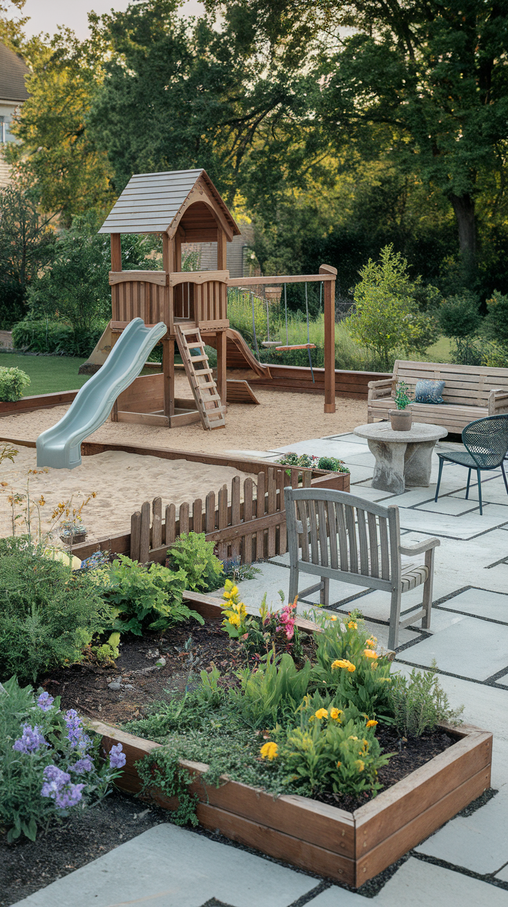 A backyard with a playset, sand area, and colorful flower beds.