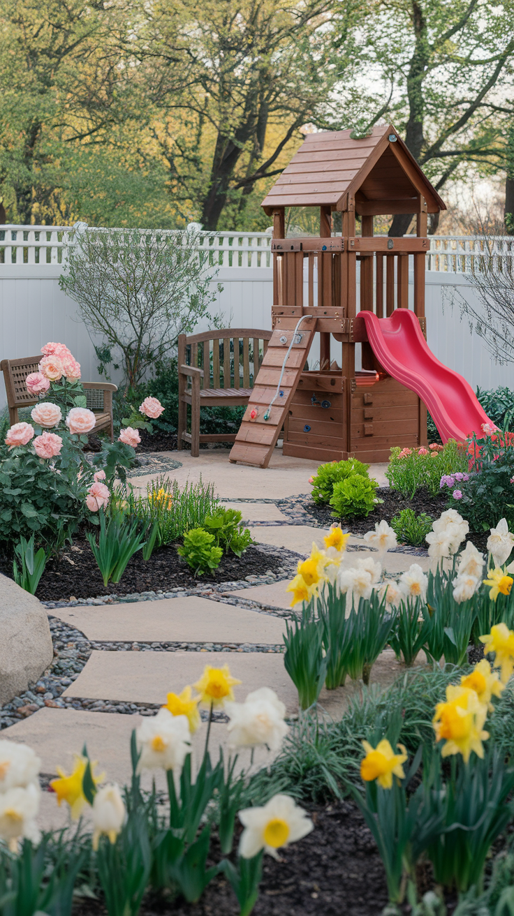 Playset surrounded by flowers and seating in a landscaped backyard.