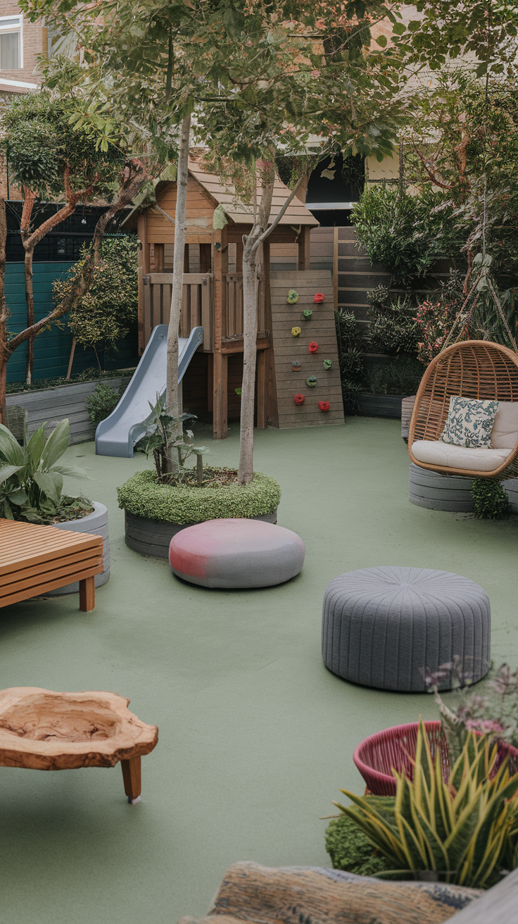 A backyard with a slide, climbing wall, and various seating options surrounded by greenery.
