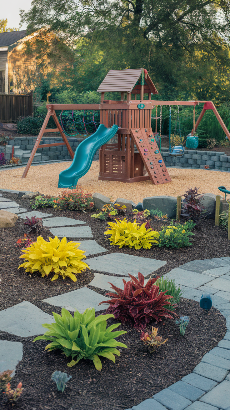 Backyard play set with colorful landscaping and stone pathways.
