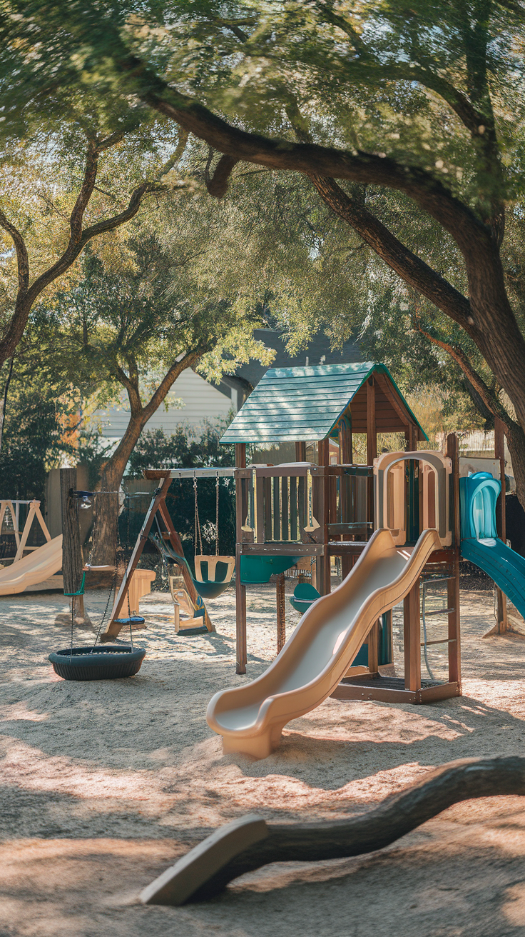 A backyard playground featuring swings, slides, and climbing structures surrounded by trees.