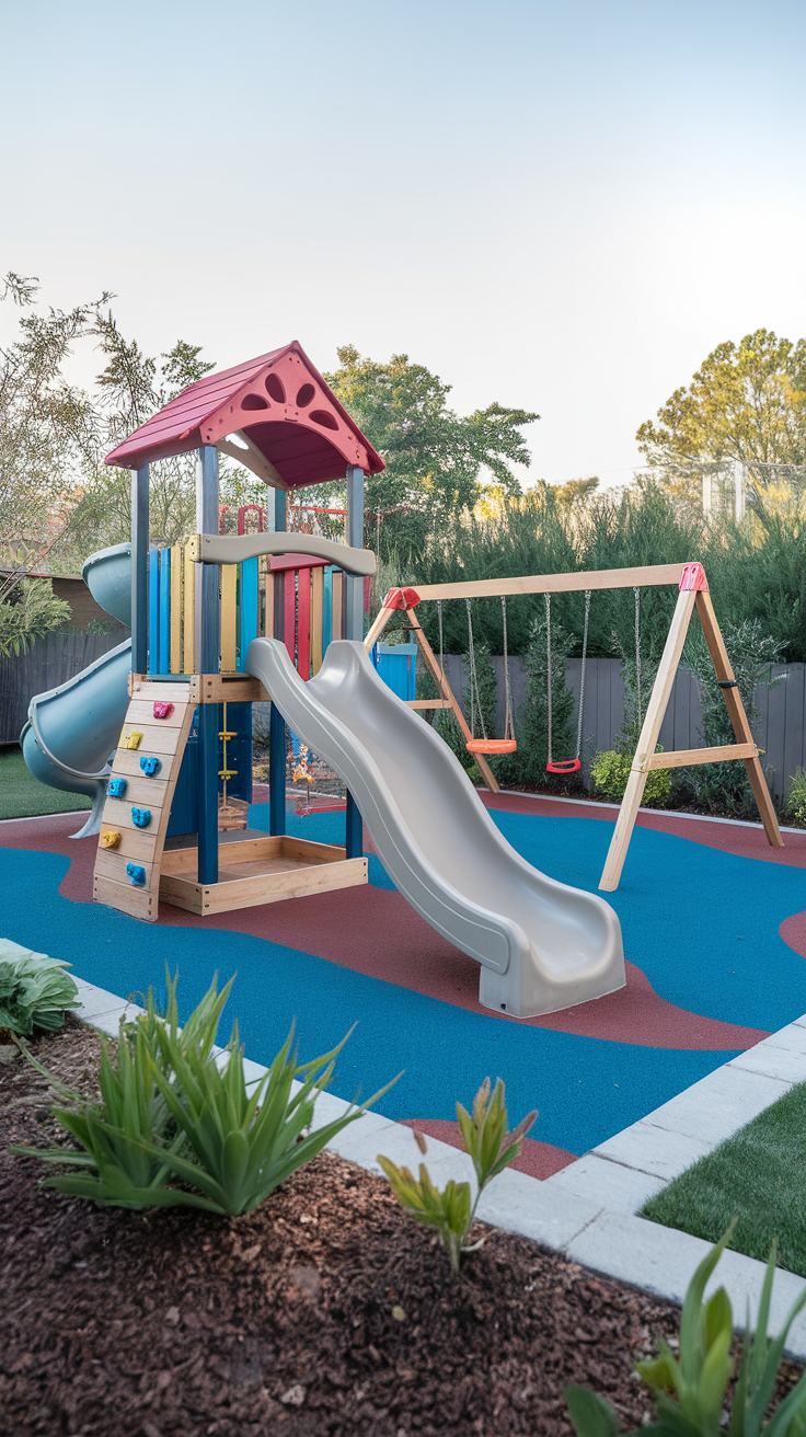 Colorful children's playset with slide and swings in a backyard