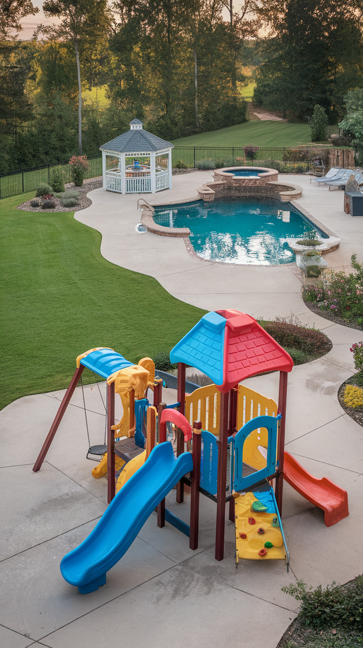 A spacious backyard featuring a swimming pool, a colorful playground with slides, and a gazebo surrounded by greenery.