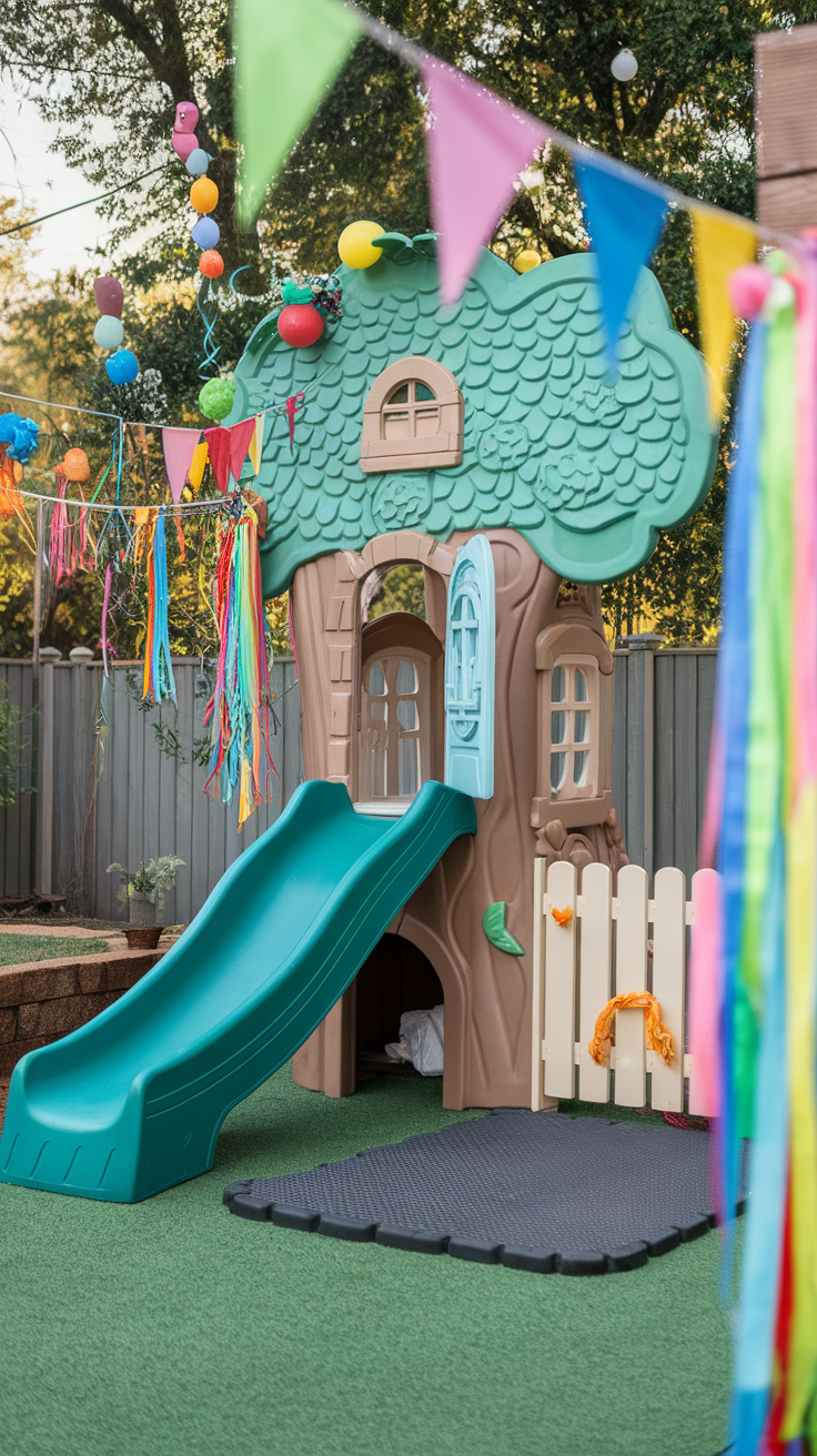 A colorful play structure with a slide in a backyard, surrounded by festive decorations.