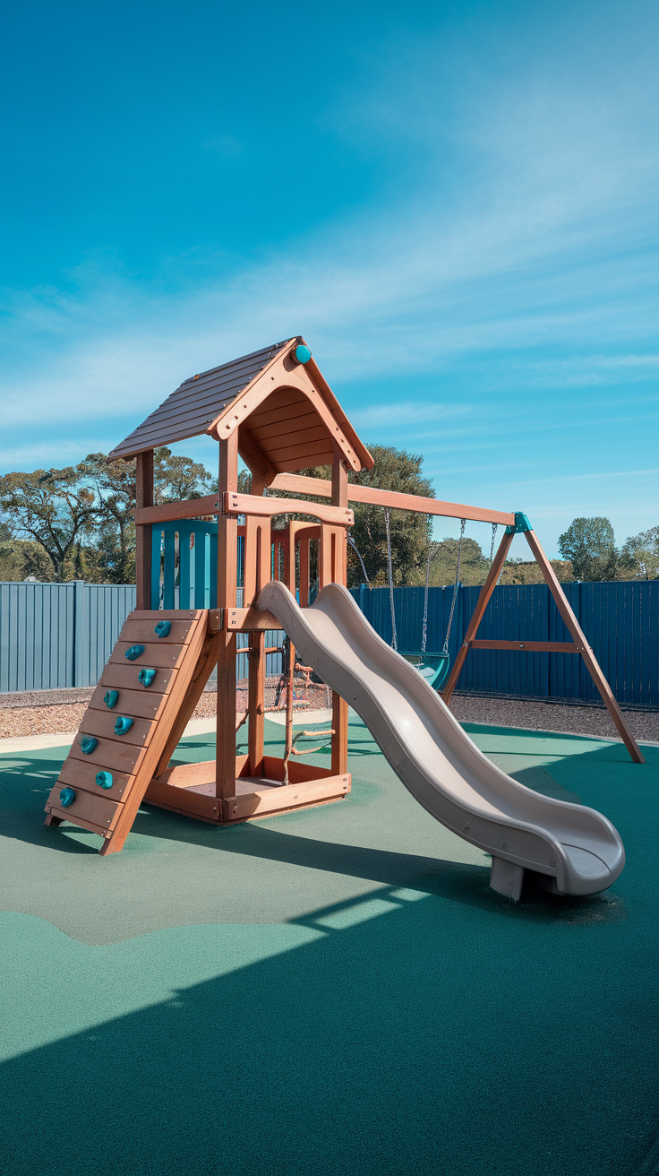 A wooden playground structure with a slide and swings in a sunny backyard.