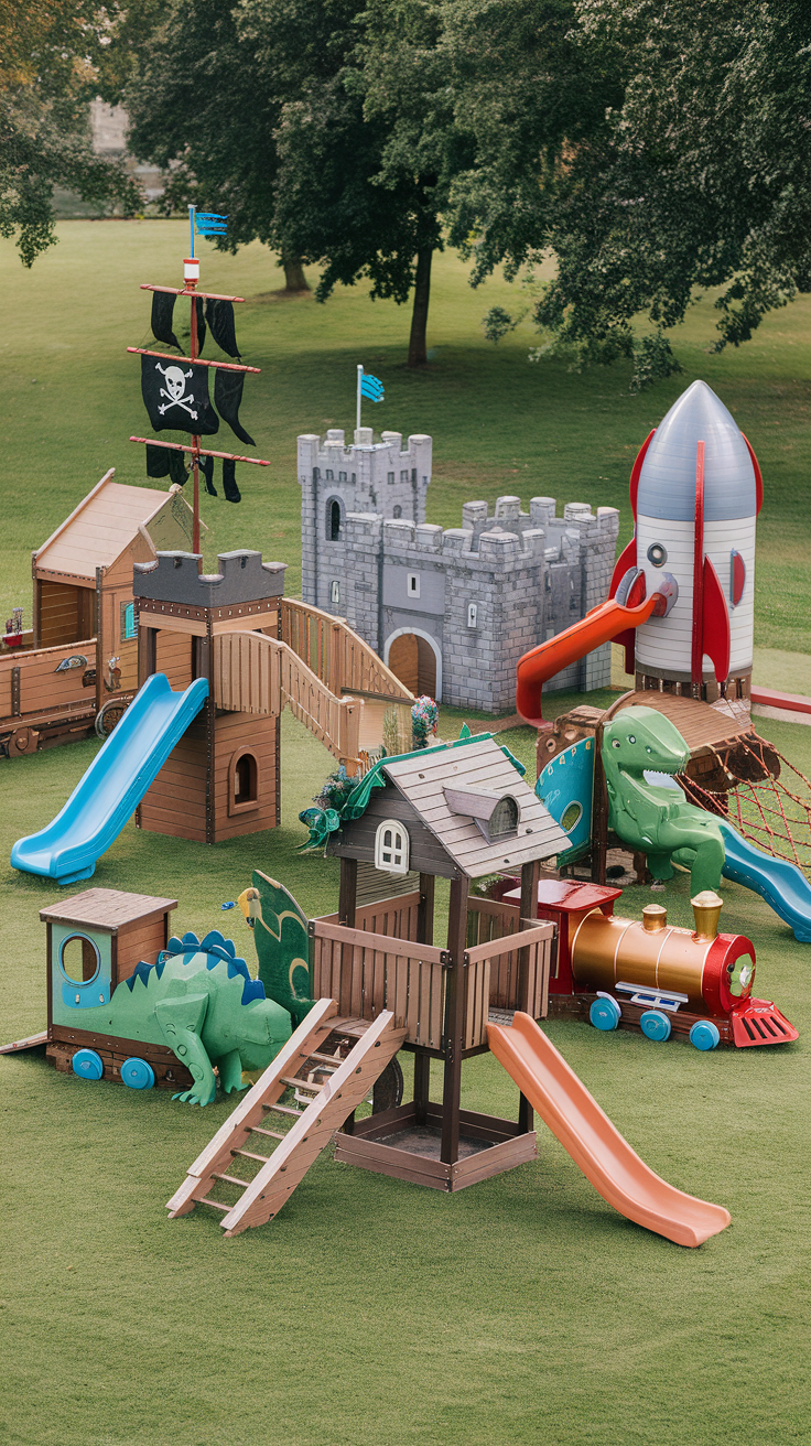 Colorful kids playground featuring a pirate ship, castle, and rocket ship.