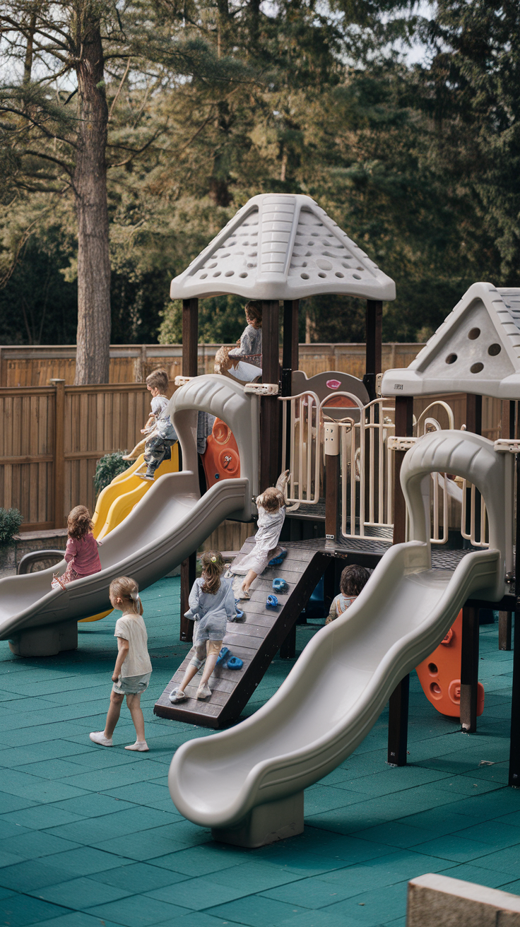 Children playing on a large playground with slides and climbing structures in a backyard
