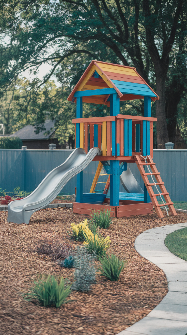 Colorful playground with a slide and mulch in the backyard
