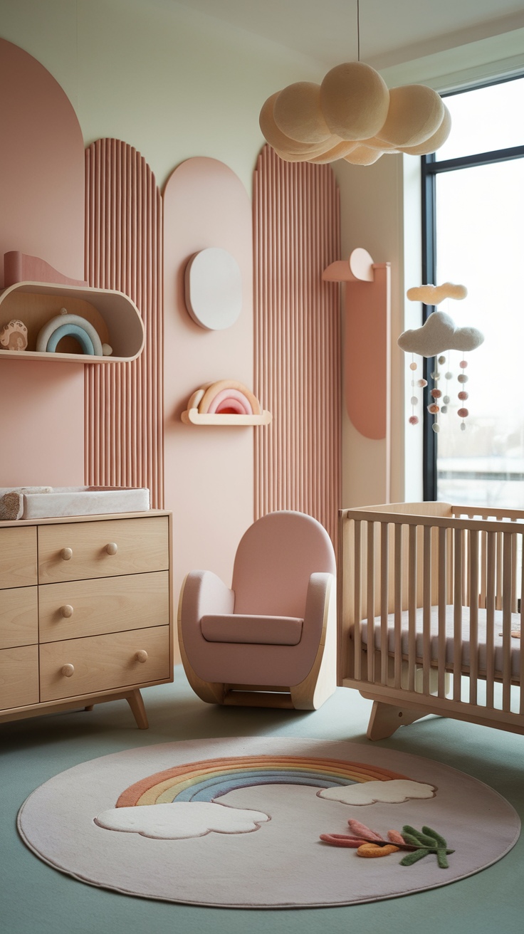 A beautifully designed organic modern nursery featuring soft colors, playful decor, and a cozy atmosphere.