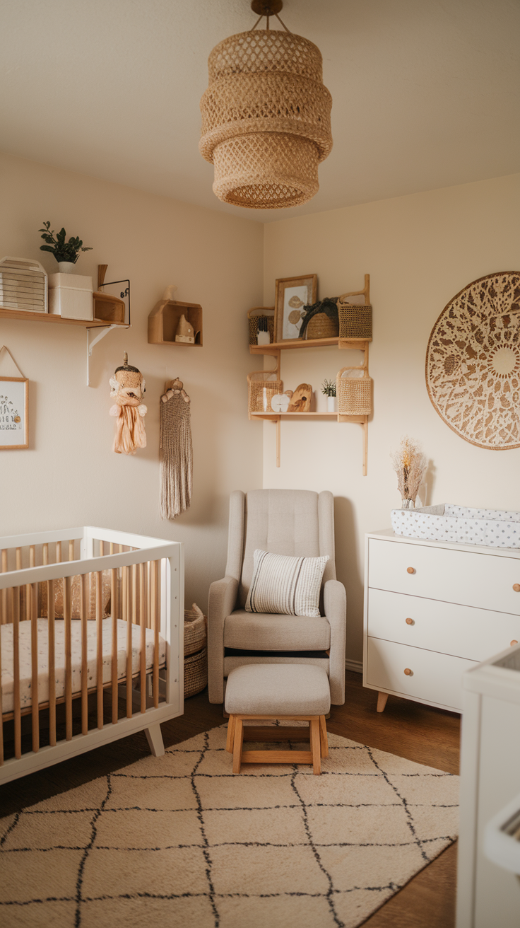 Cozy nursery interior featuring a wooden crib, a comfortable rocking chair with a cushion, and decorative elements like woven baskets and wall art. The room is illuminated by a stylish woven pendant light, creating a warm and inviting atmosphere.