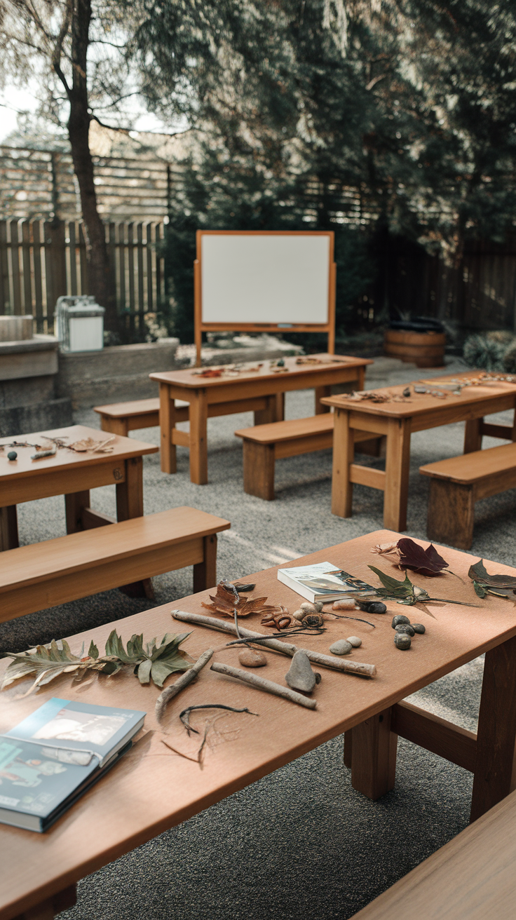 An outdoor learning space with wooden tables, natural materials, and a blank whiteboard.